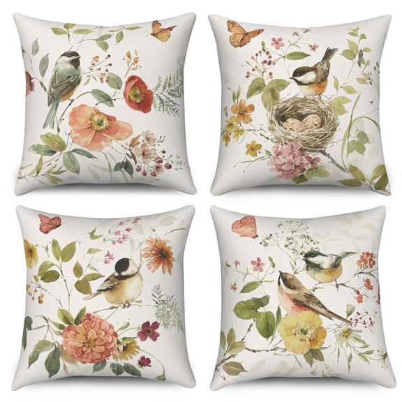 DaShan Spring Birds Throw Pillow Covers 18x18 Set of 4,Vintage Floral Decorative Pillow Cases for Bedroom Sofa Couch