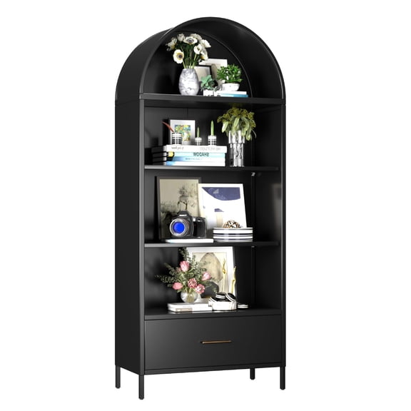 73" Metal Bookcase Cabinet with 2 Adjustable Shelves & Drawer, Black Arched Bookshelf for Home Office, Living Room ﻿ ﻿