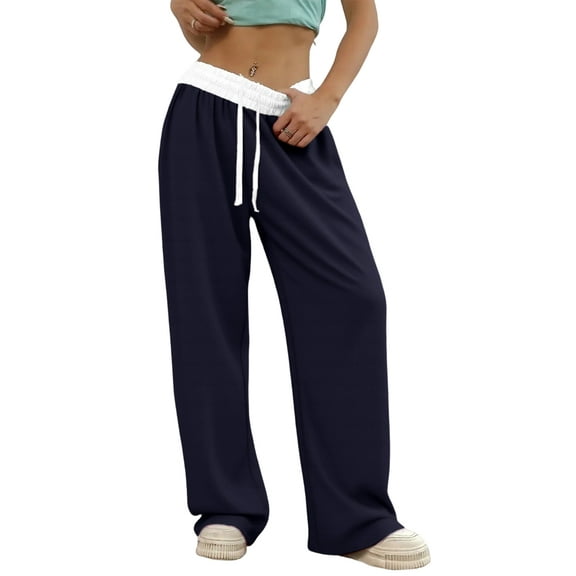 Women'S Contrast Color Waistband Sweatpants Wide Leg Pants with Drawstring Buckle Navy Blue L