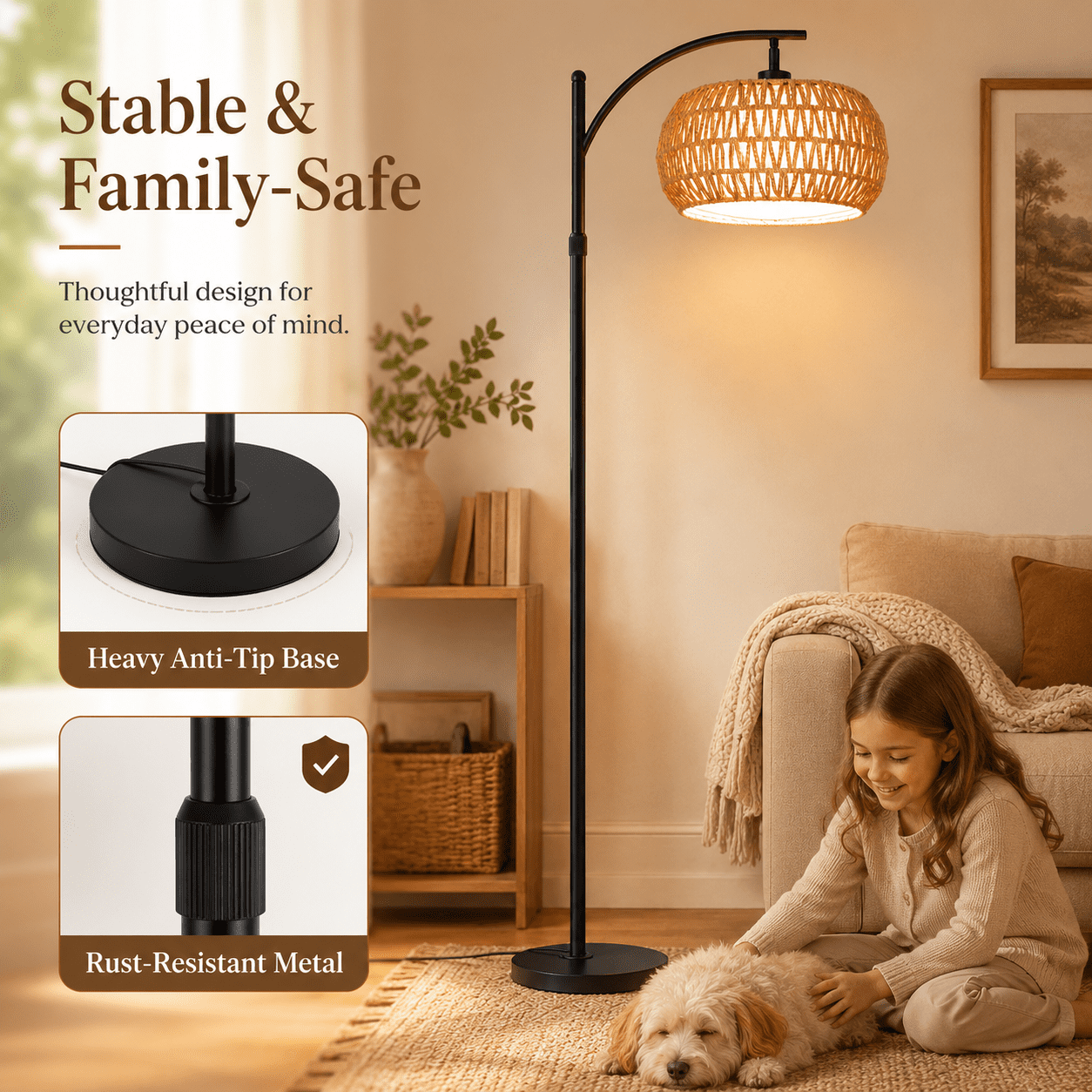 SERBASIC Boho Arc Floor Lamp for Living Room with Remote Control, Stepless Dimmable Rattan floor lamp with Liene Lampshade, Adjustable Standing Tall Lamp for Bedroom