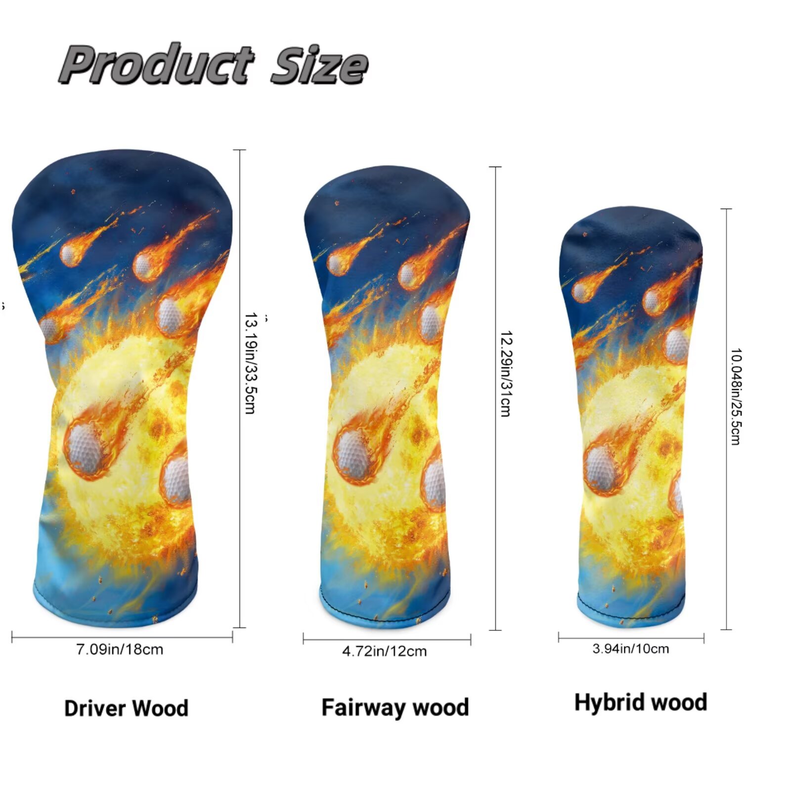 Uorisanigo Golf Club Head Covers for Driver, Fairway Woods and Hybrids, Premium PU Leather Fire Golf Ball Print Golfclub Headcovers, 3 PCS Headcovers Set Accessories Protection