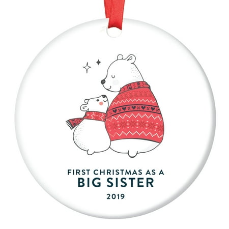 Big Sister Gift Ideas Ornament 2019 Baby's First Christmas Keepsake from Little Sibling Newborn Twin Memento Best Friends Cute Woodland Bears Red & White Ceramic 3