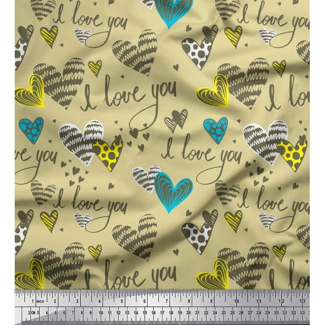 Soimoi Beige Poly Georgette Fabric Heart & I Love You Text Print Sewing Fabric Yard 52 Inch Wide