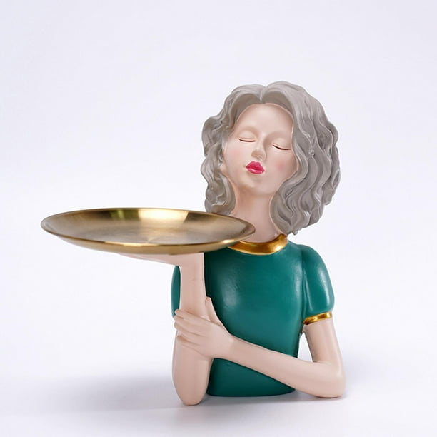 Estatuil de chica nórdica con bandeja de almacenamiento, escultura decorativa, lve, joyería, pendientes, soporte de almacenamiento, bandeja de baratija, soporte para mesa de dormitorio Verde Colco Estatuilla de escritorio