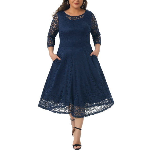 Agnes Orinda Robe Formelle Grande Taille pour Femmes Dentelle Florale Col Rond Manches 3/4 avec Poche Robe de Cocktail Tricotée 4X Bleu Marine