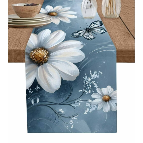 Hokiten Table Runners 48 Inches Long Dress Scarves, Elegant White Daisy Farmhouse Kitchen/Dining Table Runner, Short Coffee Tablerunners, Pastoral Farmhouse Butterfly Floral 13x48 Inch