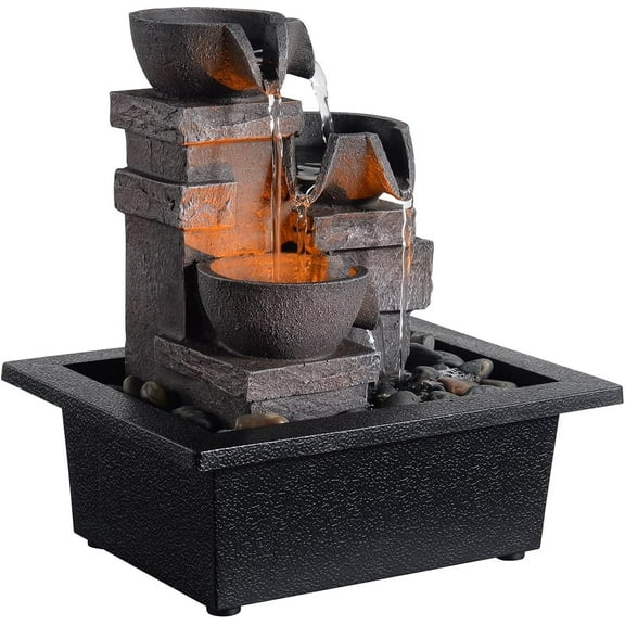 Indoor Fountain 3-Bowl Rockery Soothing Sound Tabletop Fountains Home/Office Decor with Natural River Rocks LED Lights Automatic Watering Pump(22044A)