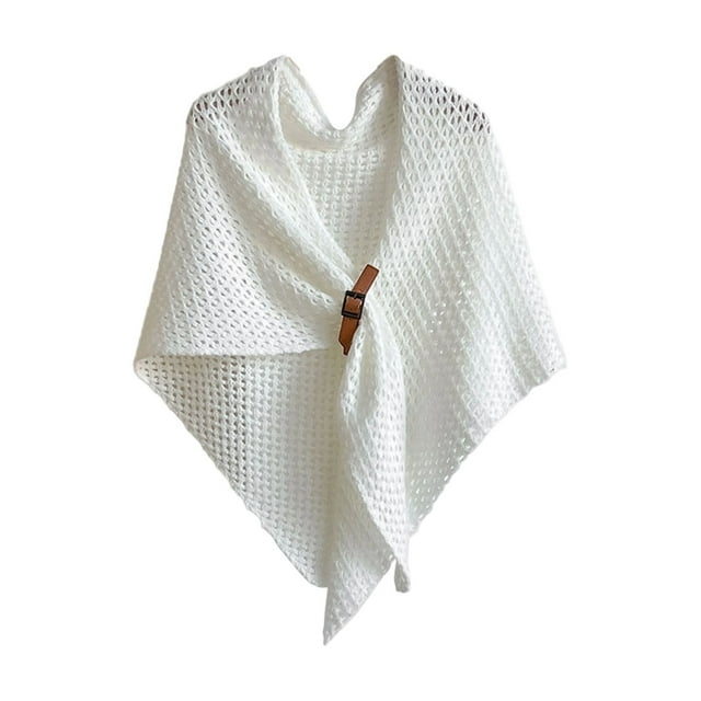 Gpaecead Cape Triangulaire à Découpes - Détail de Boucle en Cuir Motif Filet Col Rond Châle Blanc