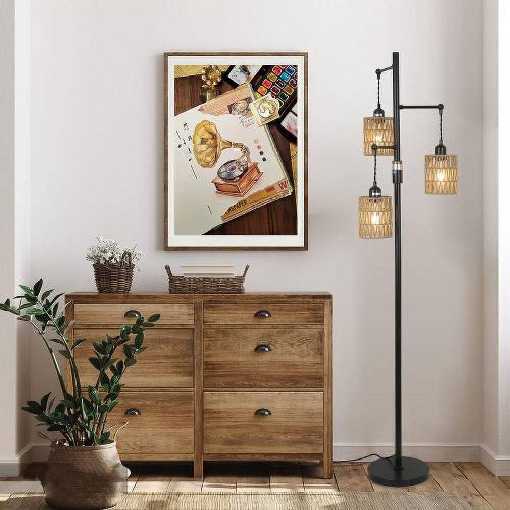 Hi-LIGHTS,65 Inch 3-Lights Boho Dimmable Floor Lamp with Natural Rattan Shade & Reinforced Base(Bulbs Not Included),Farmhouse Tall Floor Lamp for Living Room,Bedroom,Dining room,Office(Black+Brown)