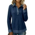 thumbnail image 4 of Trendfront Womens Denim Patchwork Knit Tops Lapel Collar Casual Loose Fit Long Sleeve Tee Trendy Fashion T Shirts Pullover Daily Outfits, 4 of 7