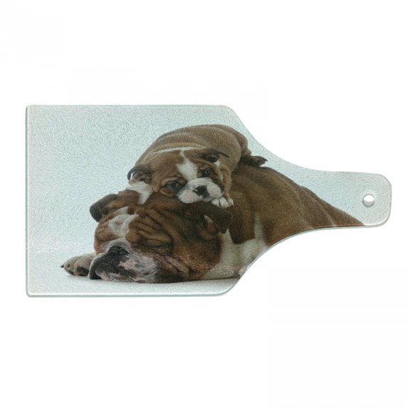 English Bulldog Cutting Board, Father and Son Bulldogs Fathers Day Photograph Domestic Pet Animals, Tempered Glass Cutting and Serving Board, Wine Bottle Shape, Brown White Black, by Ambesonne