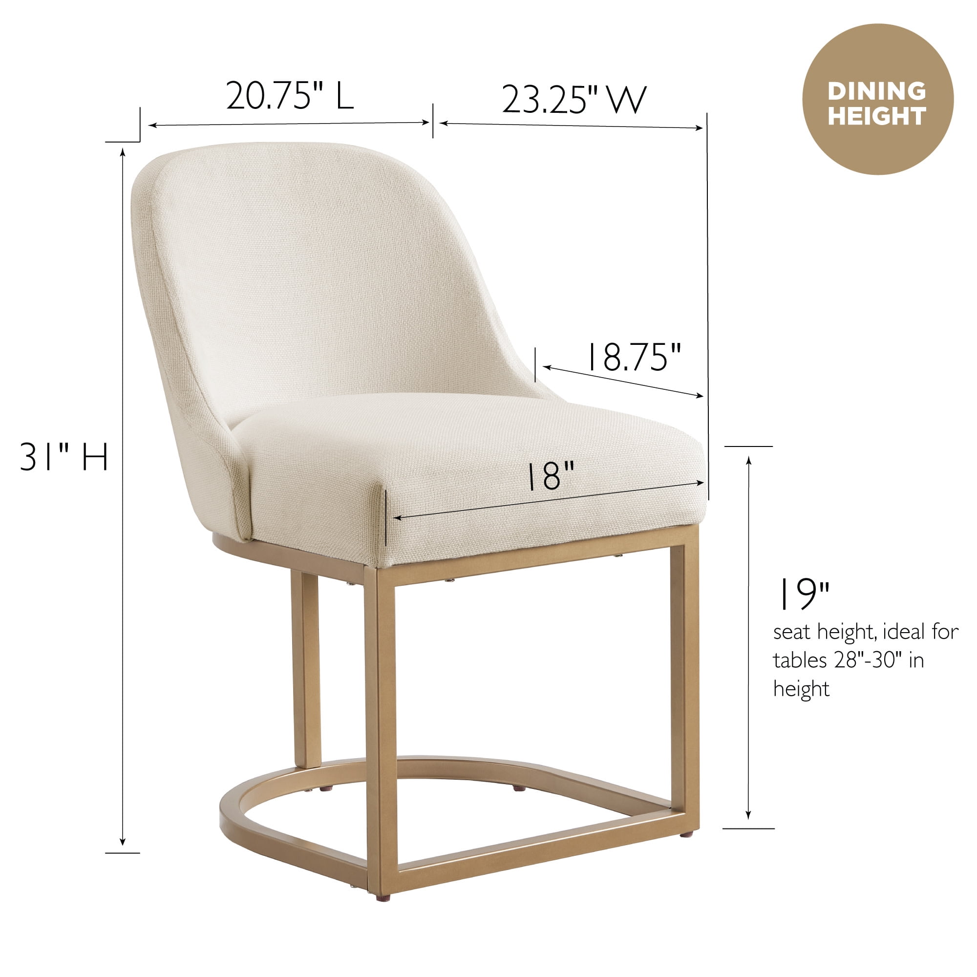 Upholstered Barrelback Dining Chair with Gold Metal Base, Modern White Linen, Set of 2
