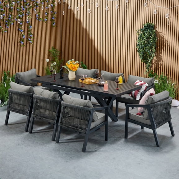 9 Pieces Outdoor Dining Set, 8 Seater Aluminum Patio Furniture Set with Extending Table, Padded Armchair, Thick Cushion, All Weather Garden Table and Chairs Set