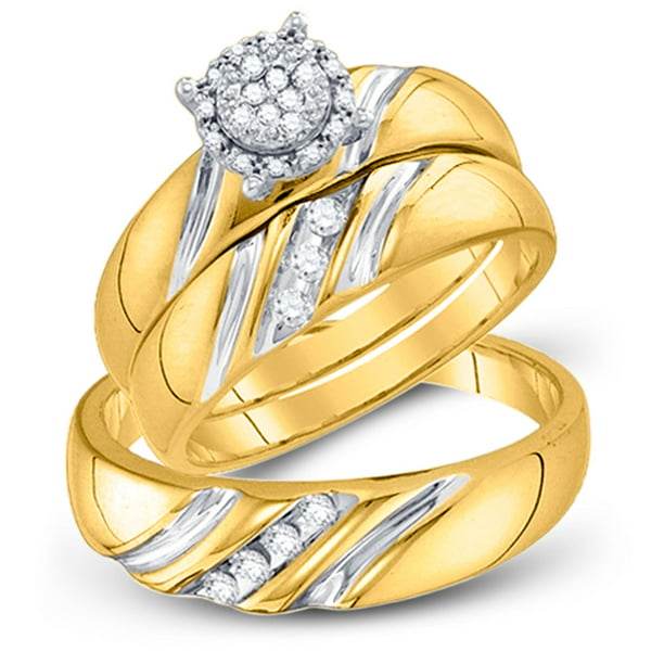 10k Yellow Gold Round Diamond His & Hers Matching Trio Wedding Bridal ...