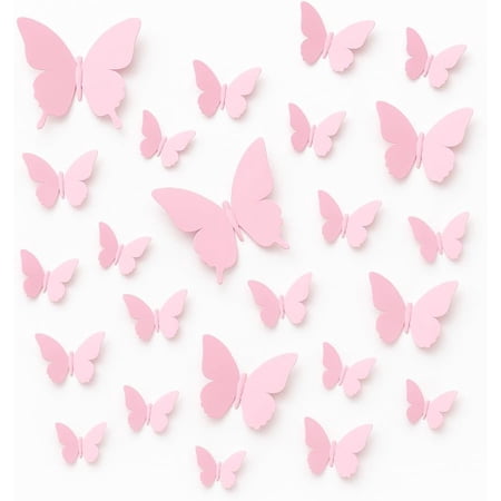 Pink Butterfly Wall Decals, 24PCS 3D Butterflies Decor with Strong Adhesive for Girls Room, Kids Bedroom, Party, No Residue Easy to Apply