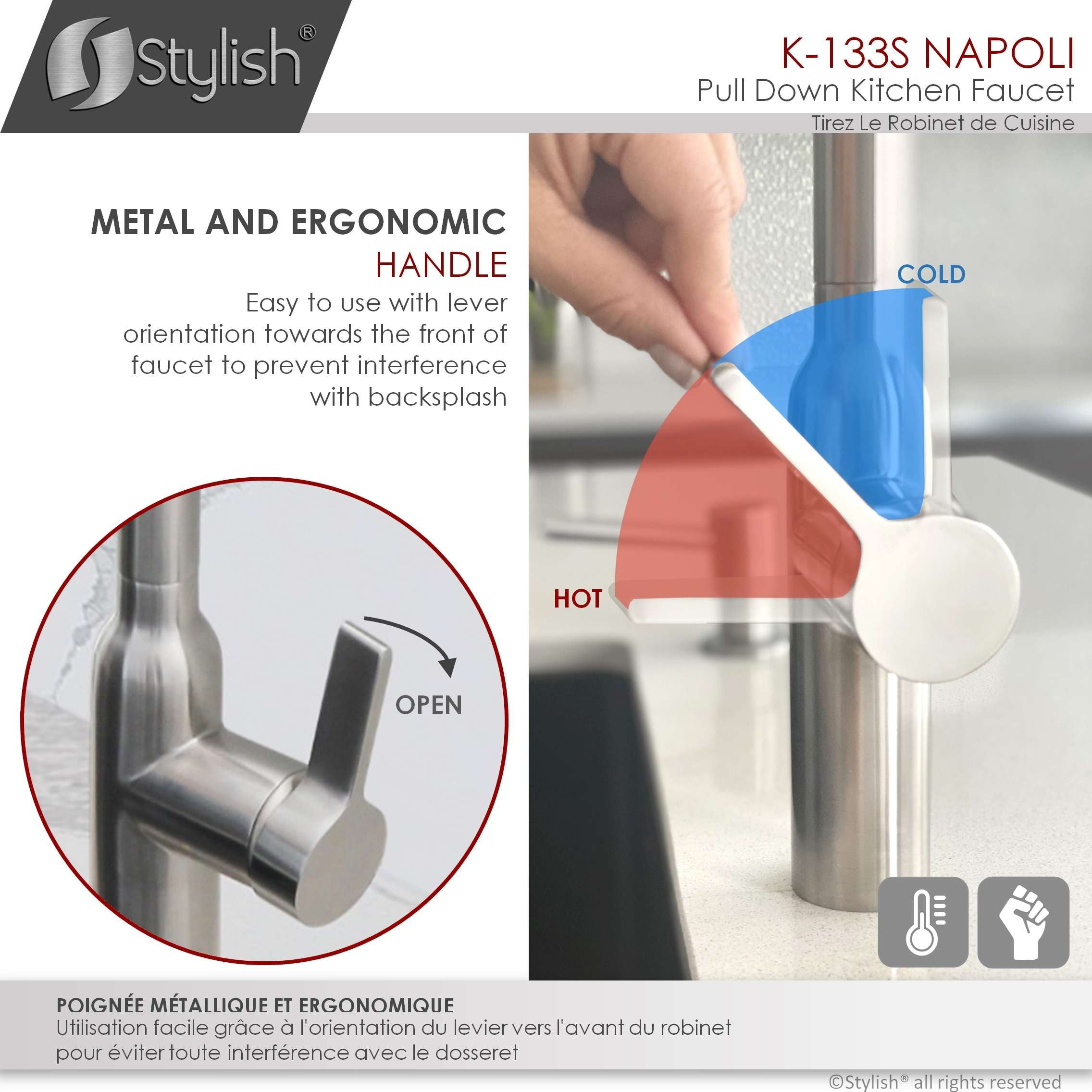Stylish Napoli Single Handle Brushed Stainless Pull Down Kitchen Faucet K-133S