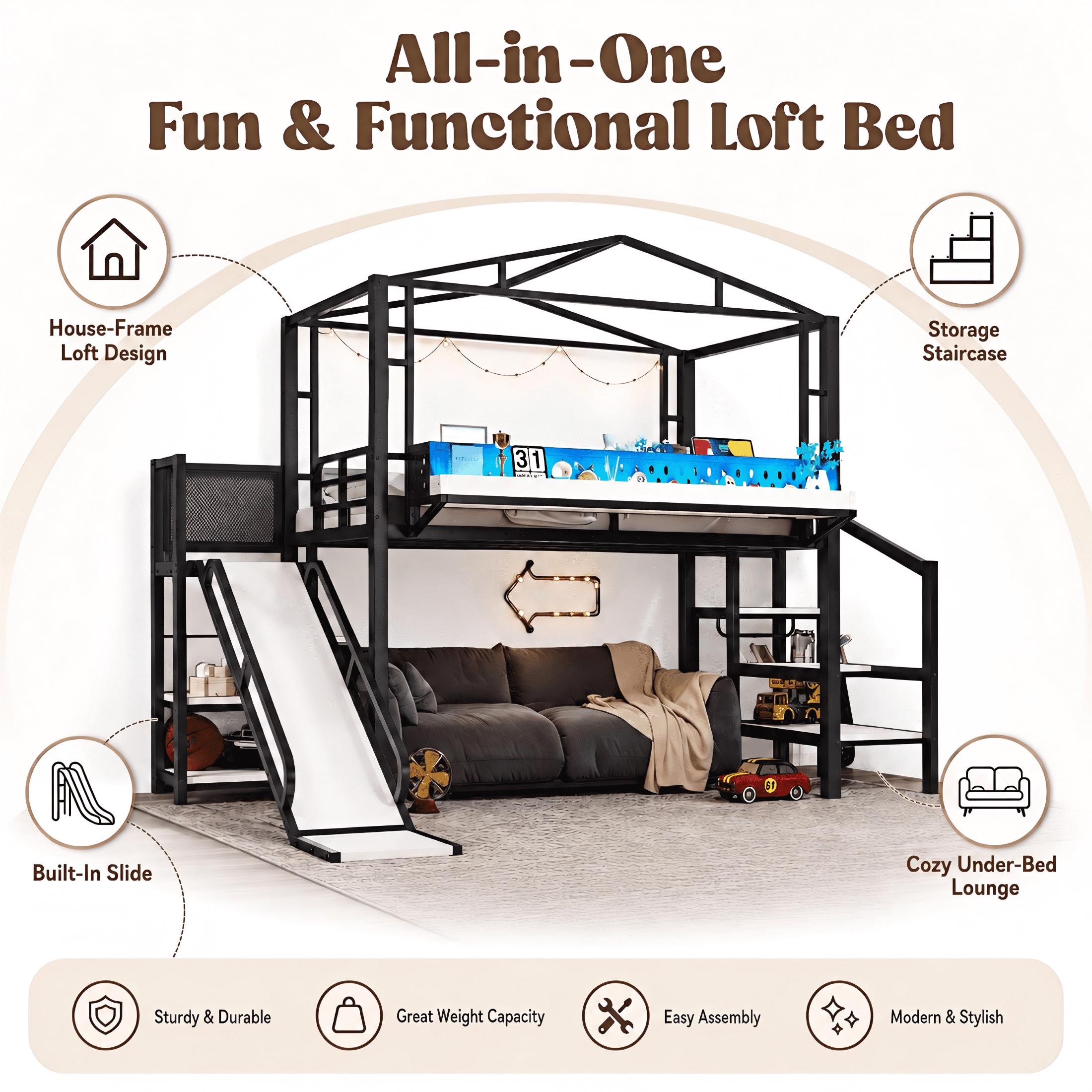 Aukfa Twin Loft Bed with Storage Stairs, Slide, Shelves, USB Ports and LED Lights, Metal Loft Bed for Kids, Noise-Reduced Design, Black