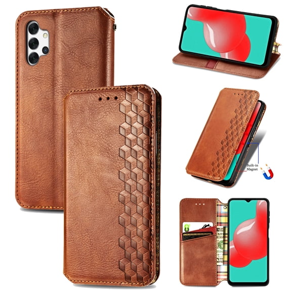 Galaxy A32 5G Case, Premium PU Leather TPU Wallet Cover with Card Holder Kickstand Hidden Magnetic Adsorption Shockproof Flip Folio Cell Phone Protective Case for Samsung Galaxy A32 5G,Brown