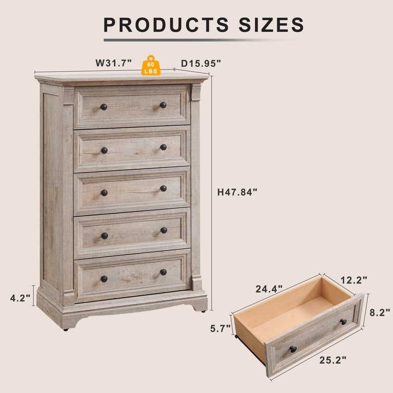 KeyWhat 47" Tall 5-Drawer Farmhouse Dresser, Light Rustic Oak photo 5