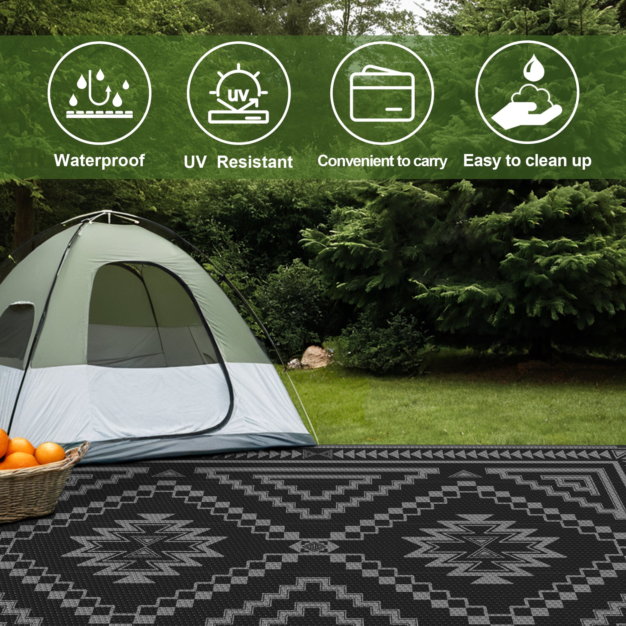 KUETH 5' x 8' Outdoor Rug Waterproof for Patio Carpet Plastic Reversible Straw Outdoor Rug for Camping Picnic Geometric Mat ,Black & Gray
