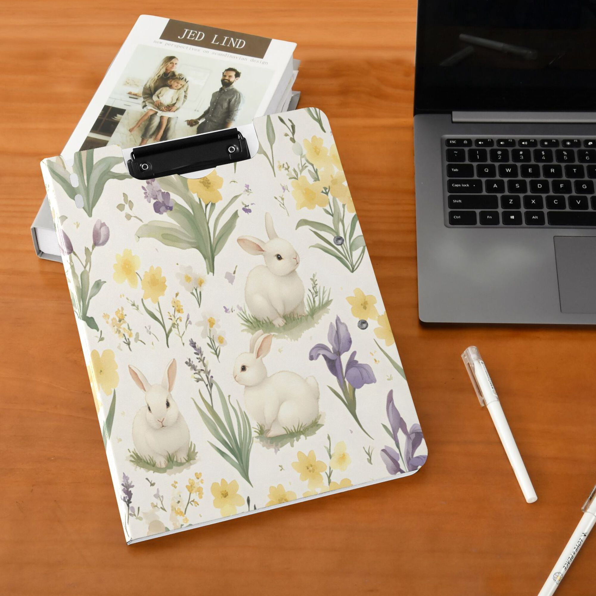 FORMRS A4 Clipboard Folder with Pen Holder Horizontal Foldable School Office Binder, Floral Rabbit