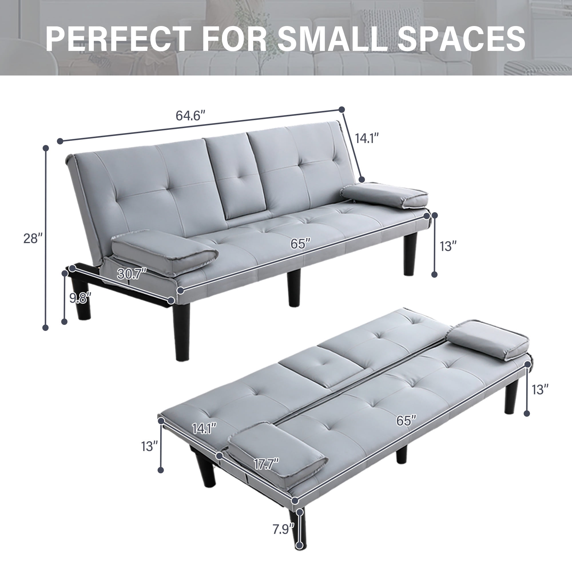 CARZZI LIFE Futon Sofa Bed PU Leather Modern Convertible Futon Couch with Removable Armrests, Cup Holders, Loveseat Sleeper Sofa Bed for Living Room, Apartment, Small Spaces (Light Gray)