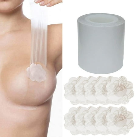 Transparent Breast Lift Tape and 10 Pcs Lace Petal Backless Nipple Cover Set,Fashion Medical Athletic Body Boop Push Up bob Tape Invisible