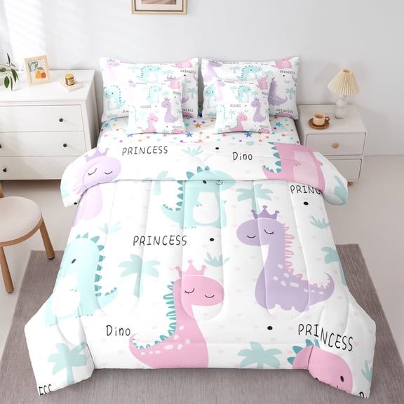 Manfei Colorful Dinosaur 7-Piece Twin Bedding Sets,Cartoon Animal Bedding Comforter Set,Princess Dino Sheet Sets For Girl Boys,Ultra Soft Home Decor Reversible
