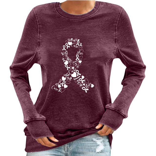 Staron Chandails à Manches Longues pour Femmes Sensibilisation au Cancer du Sein T-Shirt Col Rond Mode d'Automne Ruban Rose Chandail Léger Blouses de Style Professionnel Décontracté Cadeaux pour Femmes à Moins de 25