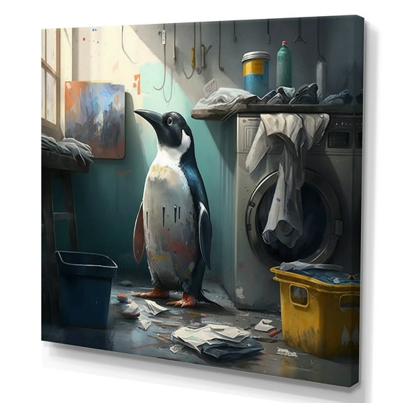Designart Cute Penguin Doing Laundry Canvas Wall Art
