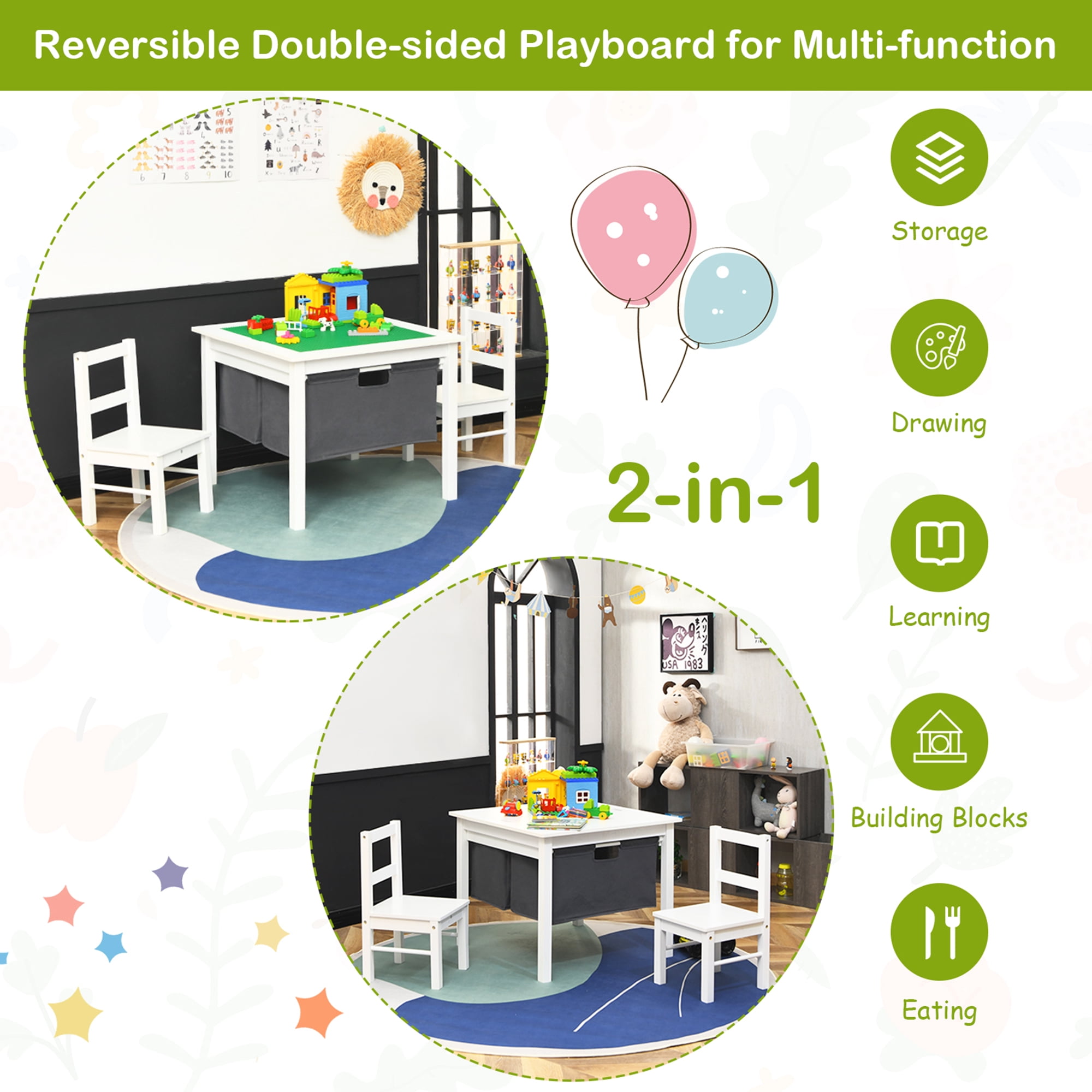 Gymax 2-in-1 Kids Activity Table & 2 Chairs Set w/Storage Building Block Table White