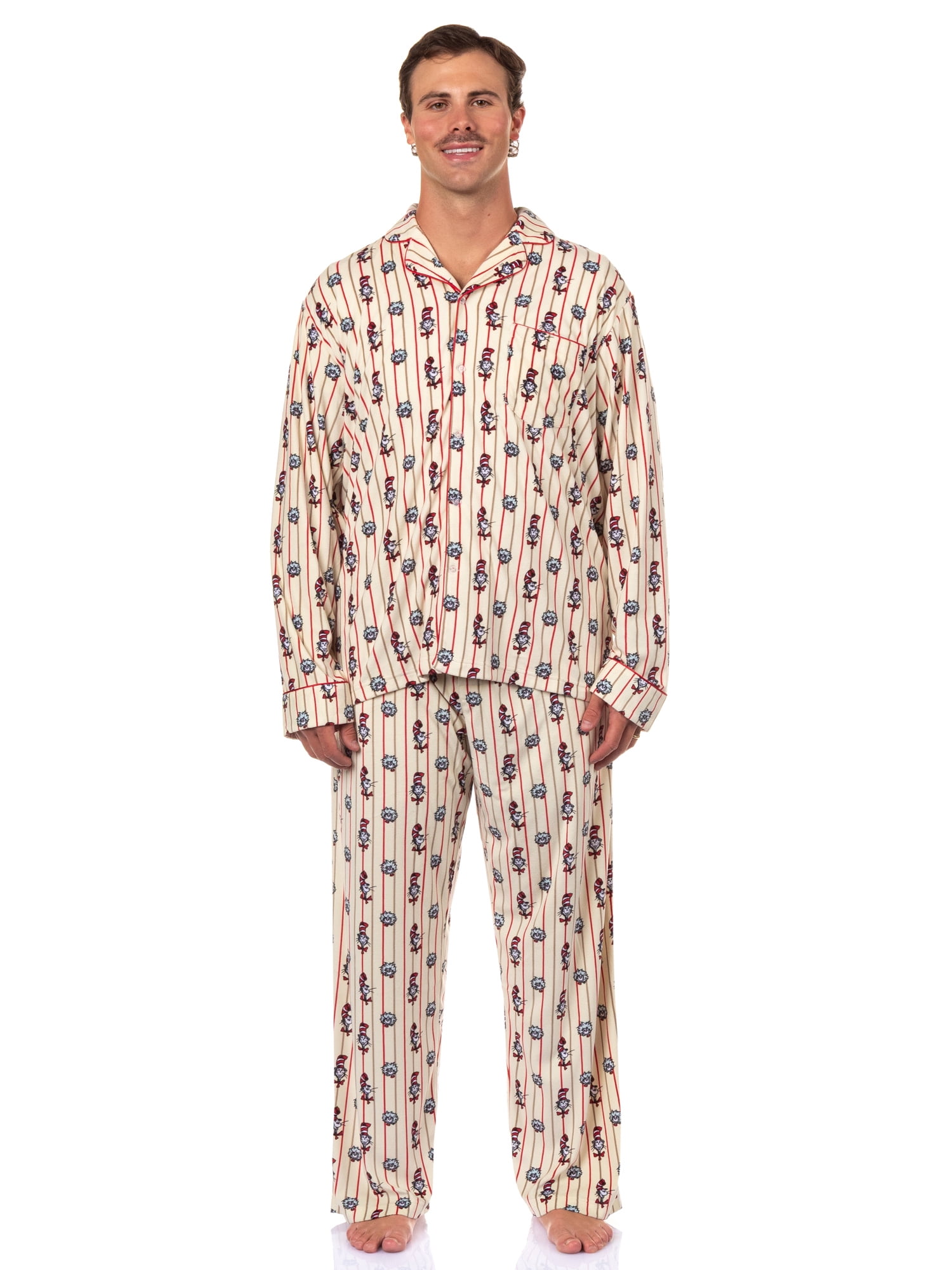 Dr. Seuss Cat in the Hat Matching Family Notch Collar Velour Pajama Sets, 2-Piece, Men's