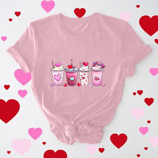 Vmvidoty T-Shirt à Manches Courtes Imprimé Floral de la Saint-Valentin pour Femmes - Blouse Col Rond Romantique