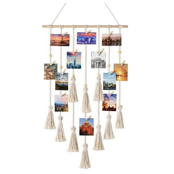 DBOO Teen Girl Room Decor Boho Macrame Hanging Photo Display, Pictures Cards Holder Wall Art for Bedroom Livingroom Dorm Home Teens Women Birthday Gift, with 10 Wood Clips, 27" L x 16.5''W