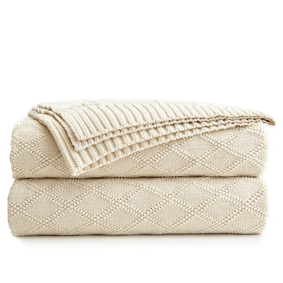 Large Cotton Knit Throw Blanket for Couch Sofa Bed - Home Decorative Soft Cozy Sweater Woven Fall Cable Oversize Knitted Blankets - 3.4 pounds,Cream 60 x 80 Inch