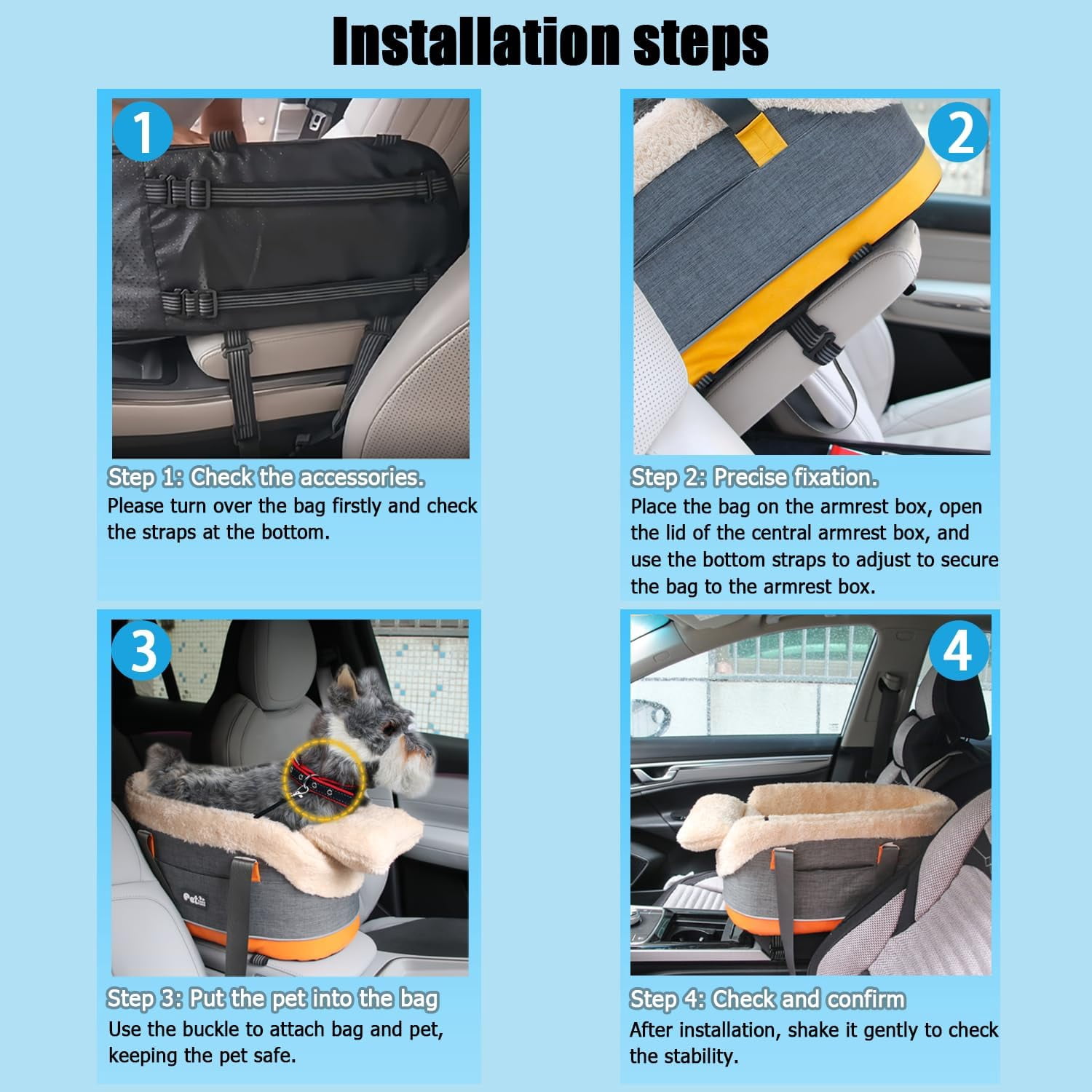 Center Console Dog Car Seat for Small Dogs & Cats, Elevated Plush Pet Car Seat with Safety Leash, Washable Carrier, Fits Front Vehicle Console (Up to 10 lbs, Cream White)