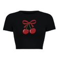 thumbnail image 3 of Women's Slim Fit Cherry Bow Graphic Crop Top Y2K Short Sleeve Slim Fit Shirts Casual Summer Tee (Black1 L), 3 of 5