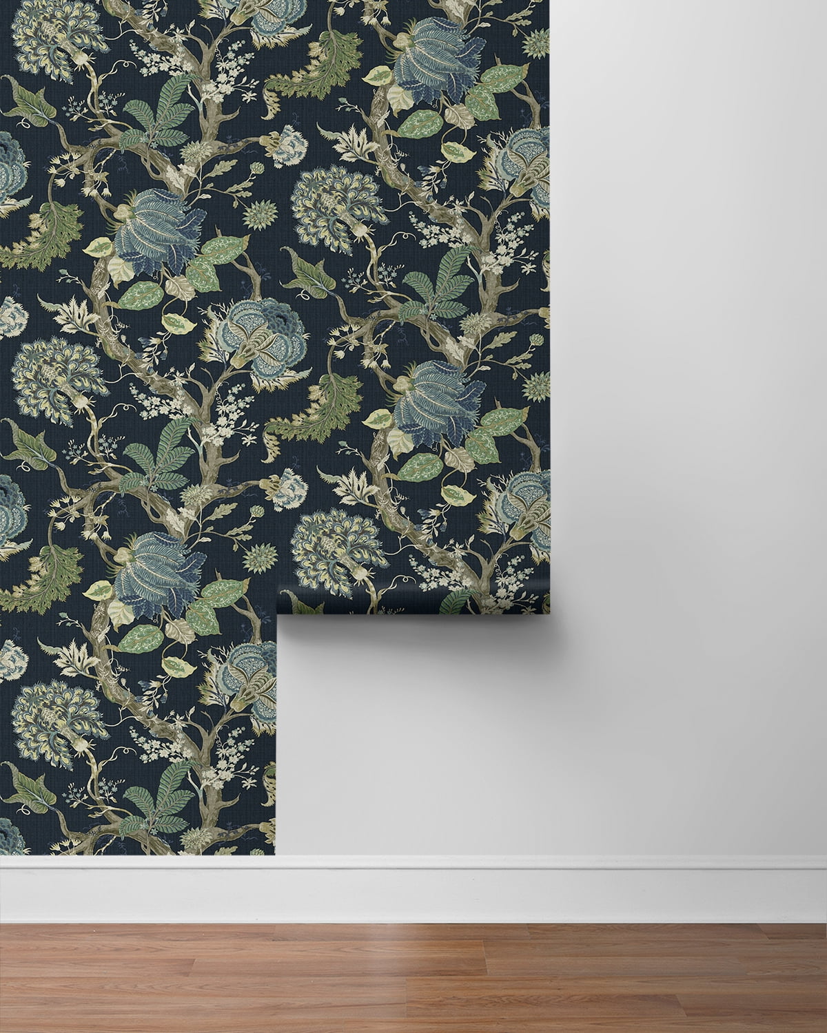 Harry & Grace Midnight Blue & Greenery Jacobean Trail Premium Matte Non-Woven Peel and Stick Wallpaper - 20.5 in. W x 18 ft. L Roll