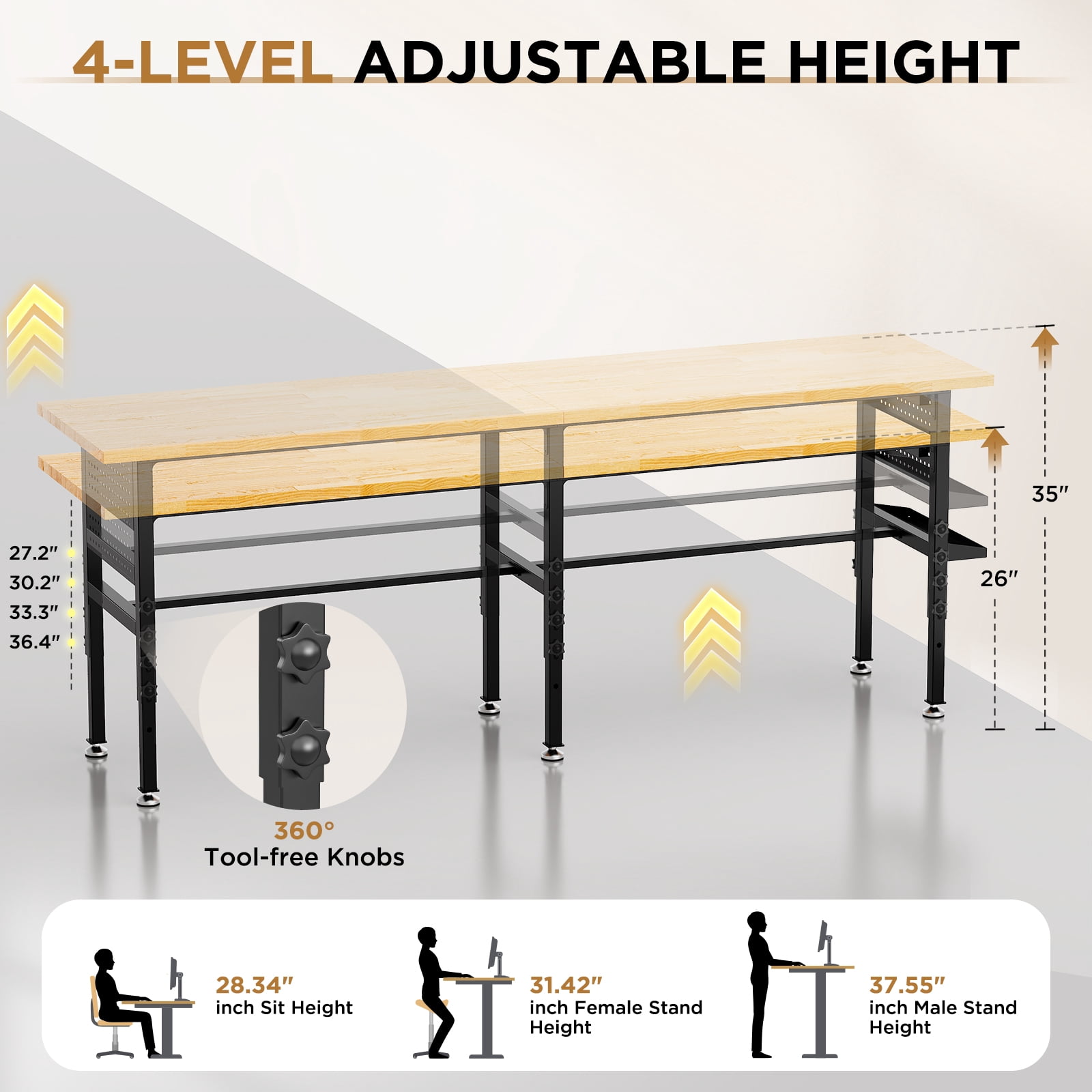96" Adjustable Workbench with Side Pegboard, Solid Wood Top, 2000 lbs Capacity, Adjustable Height Garage Work Table with Power Outlet, Storage Box, Wheels or Leveling Feet
