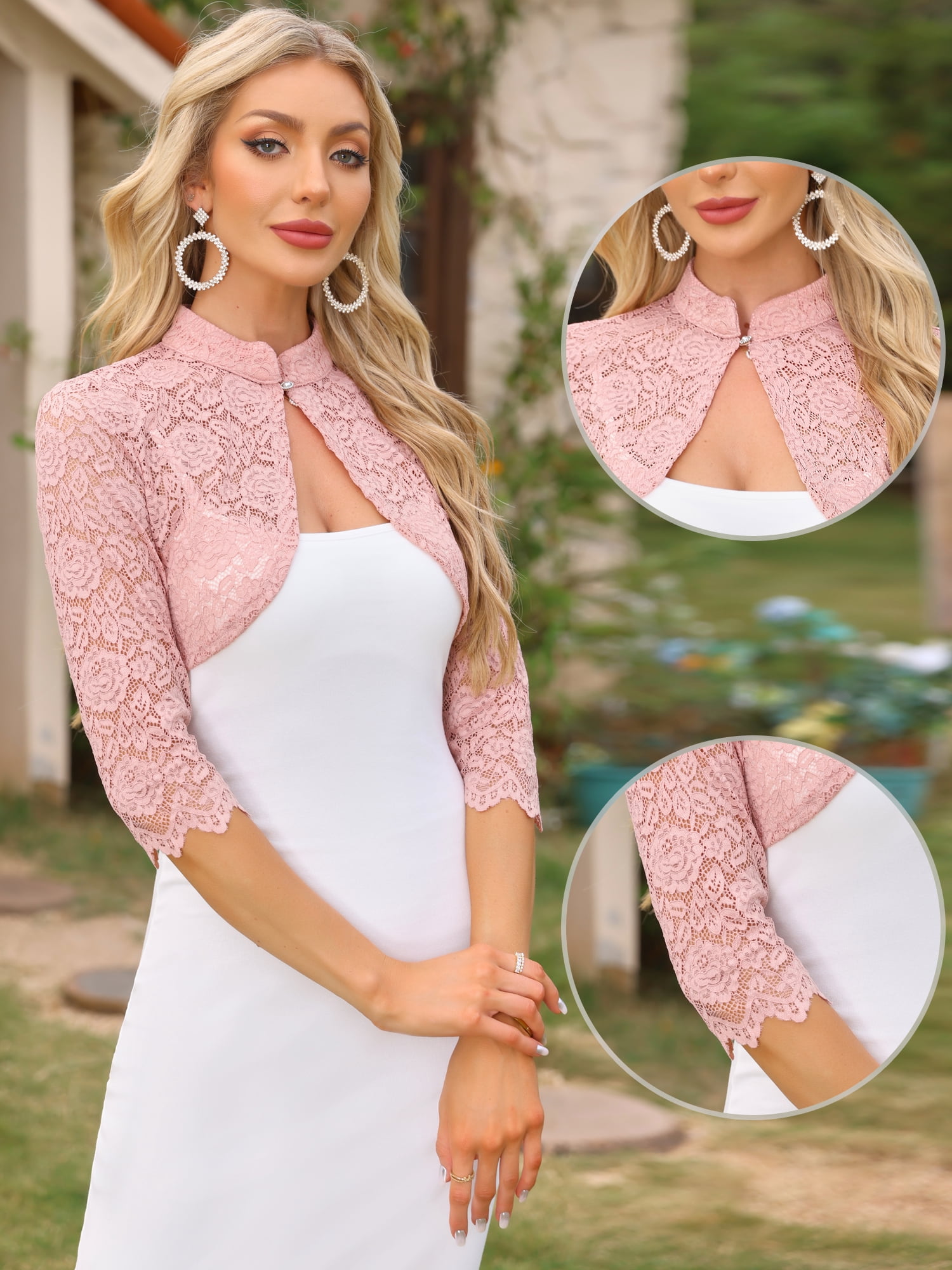 DARING DIVA Women's Stand Collar Sheer Floral Lace Bolero Shrug M Pink