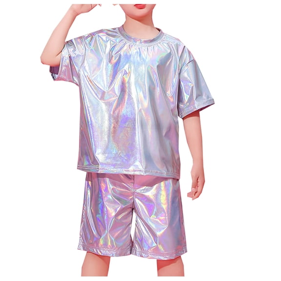 LEKWK 2-Piece Metallic Outfit Set for Kids Unisex Shiny Holographic Short Sleeve Tee Shorts Hip Hop Dance Performance Party Sparkly
