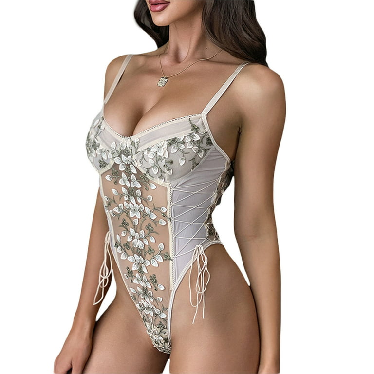 wybzd Women Lace Up Floral Embroidered Teddy Lingerie Bodysuit Top Mesh  Sheer One Piece Sleepwear Apricot M 
