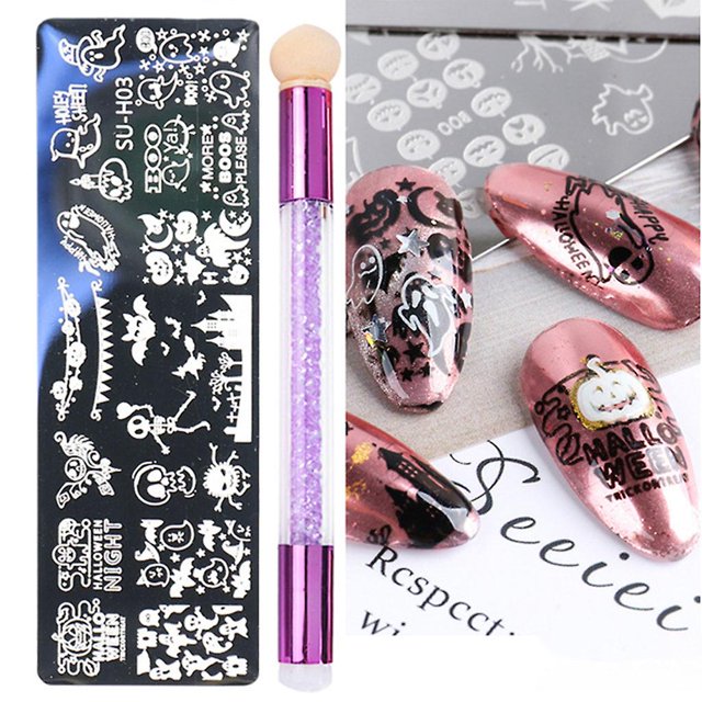 3 Placa de estampado para decoración de uñas, estampador, pluma de esponja, murciélagos de calabaza de Halloween para imagen