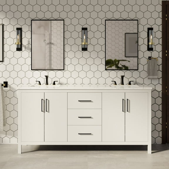 Copenhagen 72" Double Bathroom Vanity with White Cabinet and Engineered Marble Top