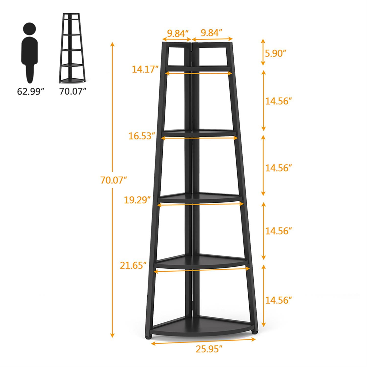 Demi Bonn 5-Tier Corner Bookshelf, Wood and Metal Bookcase Storage Organizer, 70" Tall Display Standing Shelf Unit for Bedroom, Living Room, Black