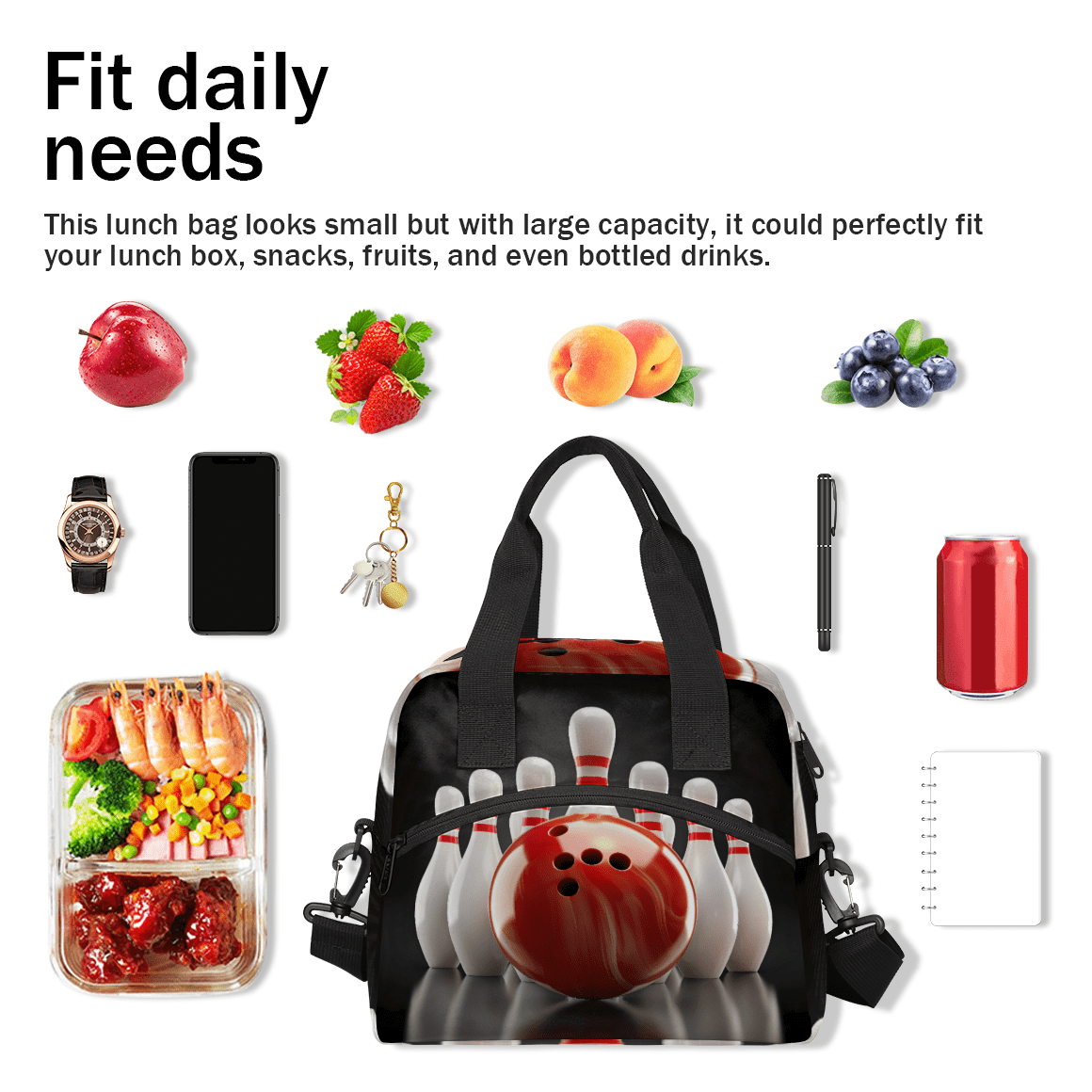 Herdesigns Bowling Ball Sports Insulated Lunch Bag for Women Men Adults Large Reusable Lunch Box Leakproof Portable Cooler Tote Bags with Adjustable Shoulder Strap