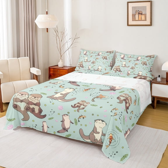 Homewish Kawaii Otter Twin Sheet Sets 3pcs for Preppy Child,Cartoon Animal Twin Fitted Sheet Microfiber,Koi Fish Breathable Flat Sheet,Luxury Bedroom Decor