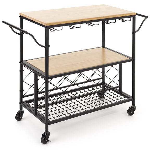 Displays2go Bar Cart w/ Wine Rack, 13 Bottle Holders, 5 Stemware Rows - Natural Wood Finish (FSBEVCART4B)