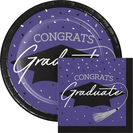 Creative Converting Purple Graduation Paper Plates and Napkins Kit, Serves 36