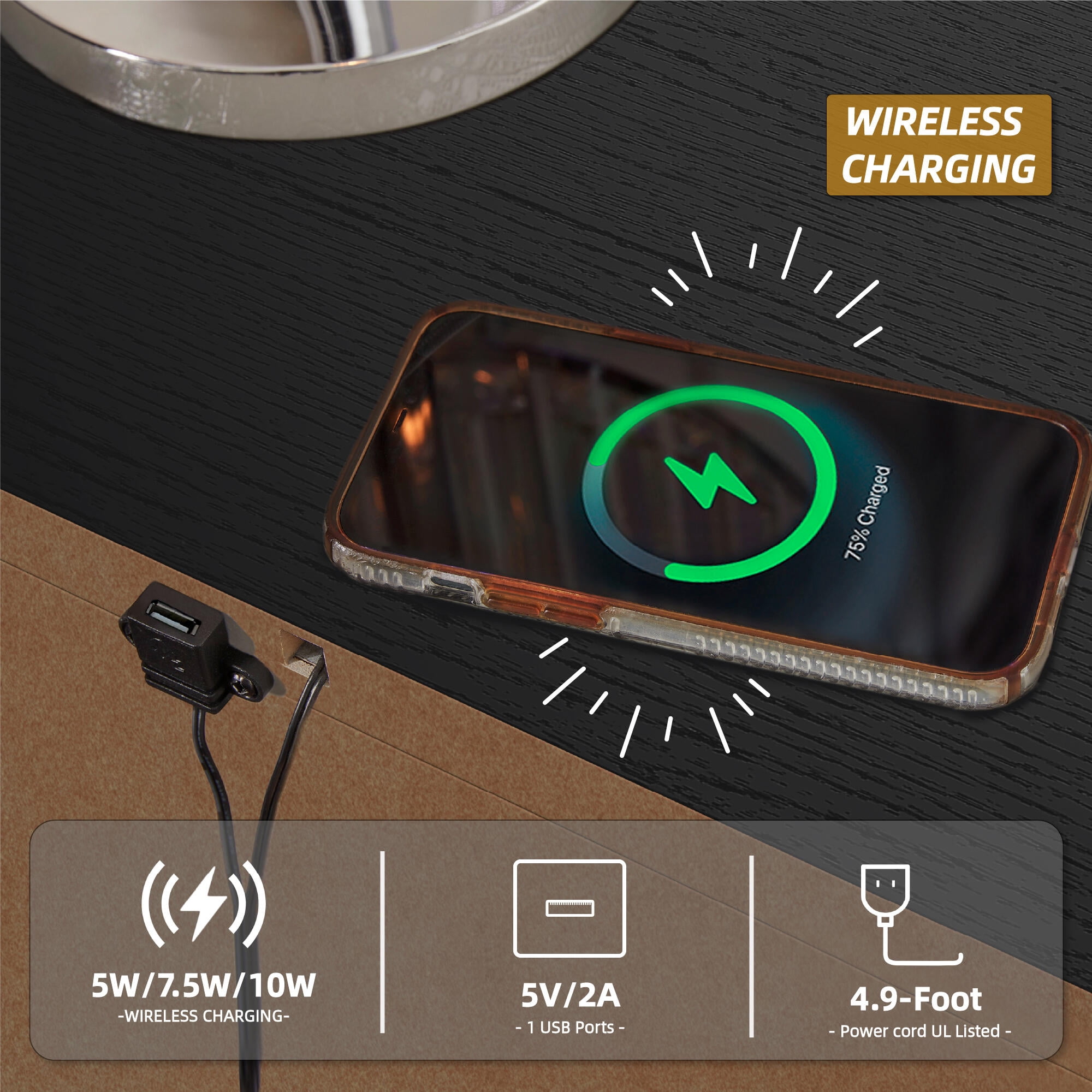 Signature Design by Ashley Danziar Modern Black Nightstand with USB and Wireless Charging, 2 Drawer Bedside Table